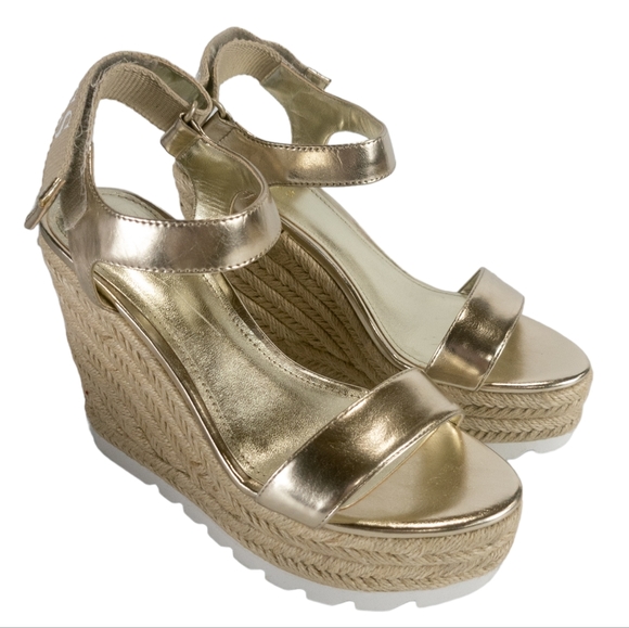 Guess Golden Espadrille Wedge Sandals Gold -6 - Picture 2 of 4